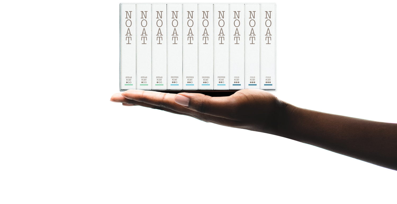 A hand holding a 10-pack of NOAT with mixed flavours